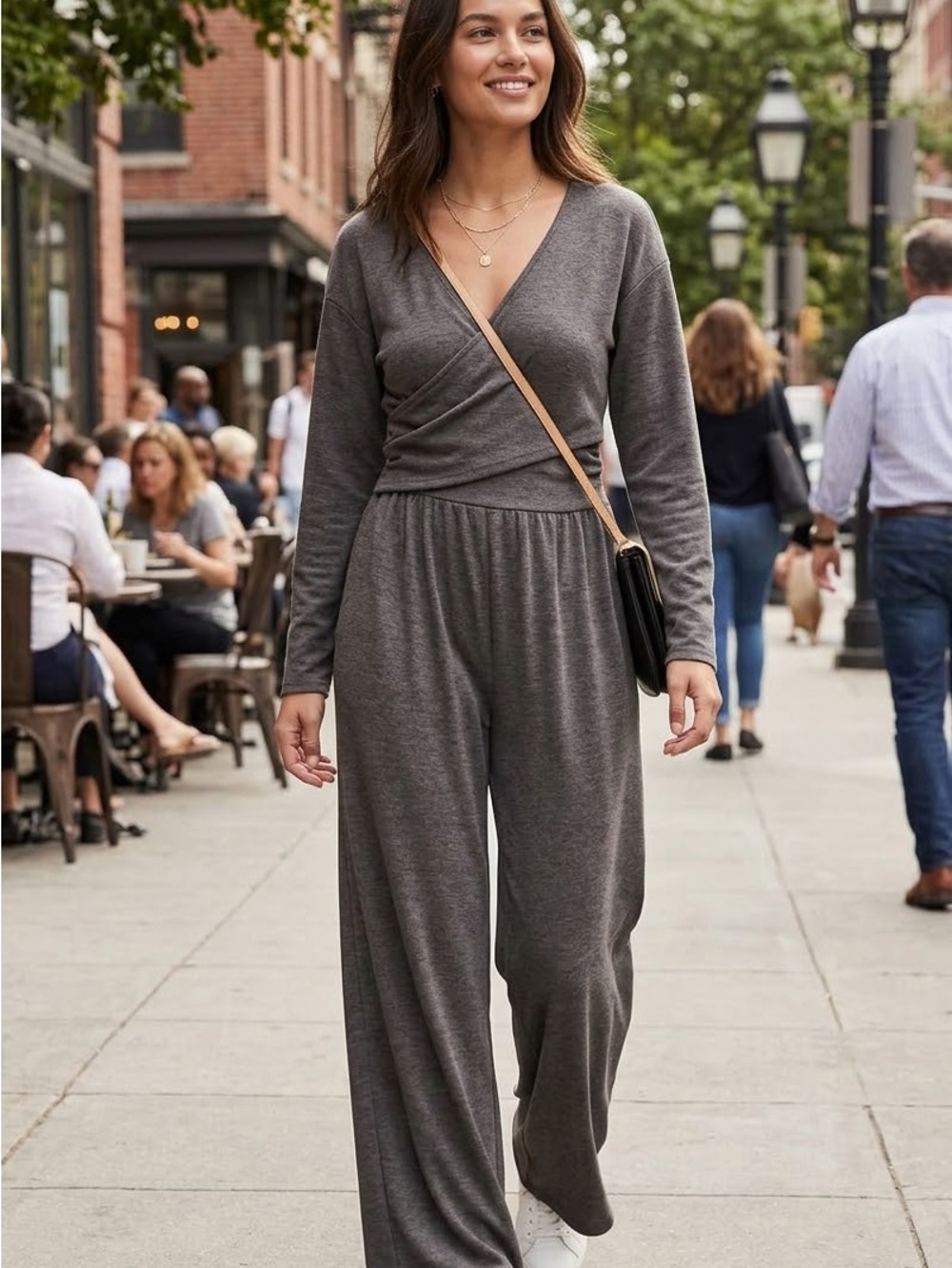 Express Women’s Gray Wrap-Front Wide-Leg Jumpsuit with pockets size M